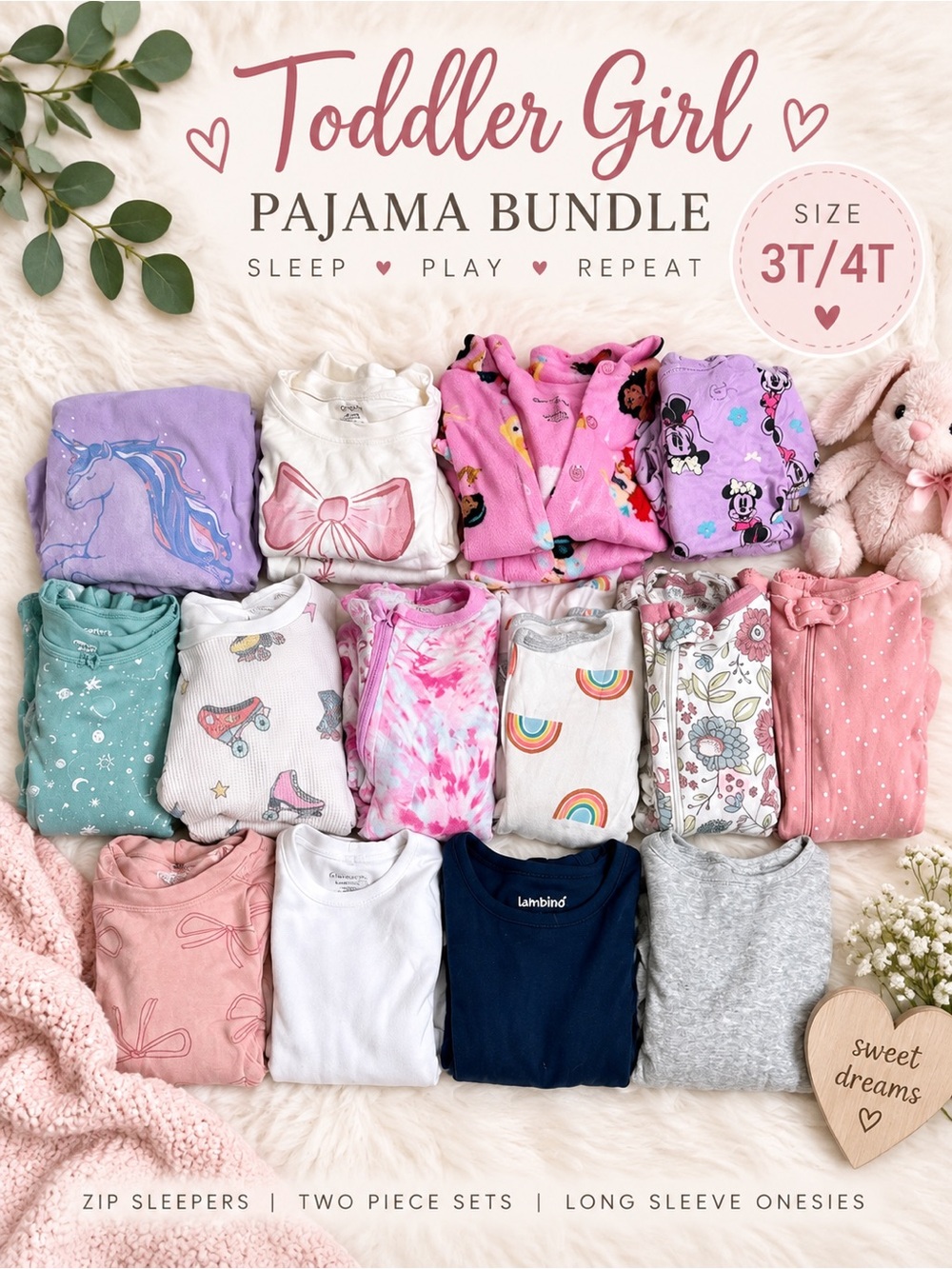 Toddler Girls Pajama Bundle Lot Size 3T 4T Zip Sleepers Two Piece PJs